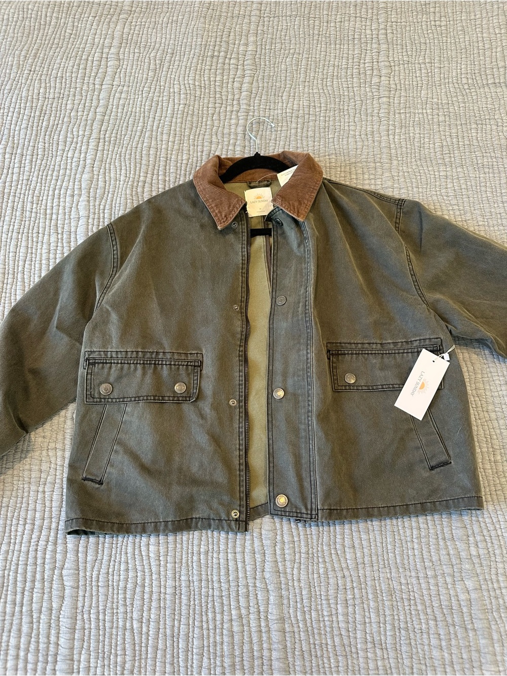 Canvas Jean Jacket with Brown Corduroy Collar - Olive